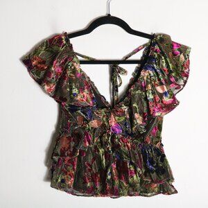 Parker Cara Floral Velvet Ruffle Crop Blouse Womens Small Boho Feminine Romantic